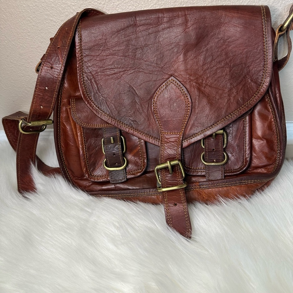 Vintage Firu Handmade Womens Brown Leather Goat Hide Crossbody Messenger Handbag